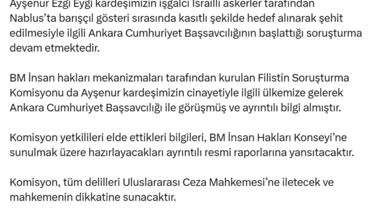 Adalet Bakanı Tunç, Filistin Soruşturma Komisyonu’nun Ayşenur Ezgi Eygi cinayetiyle ilgili bilgi aldı