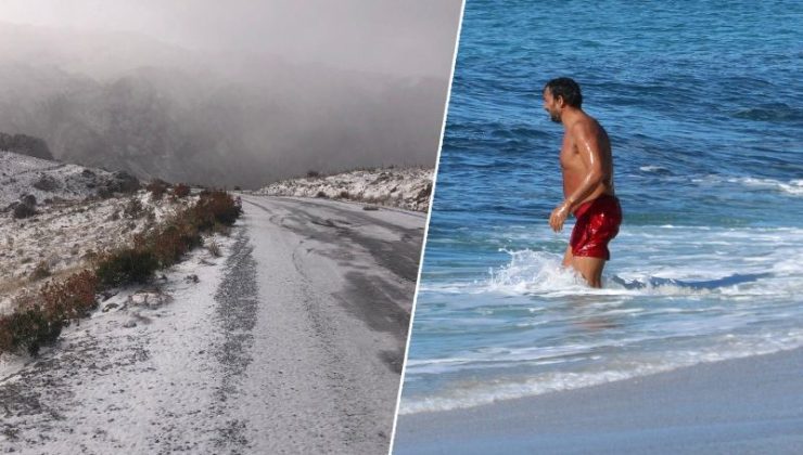 Alanya’da yaylalara kar yağdı, sahilde denize girildi