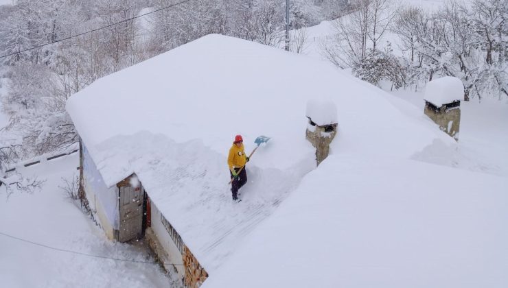 Artvin’de kar kalınlığının 1 metreyi bulduğu köyde gece gündüz çatı temizleniyor