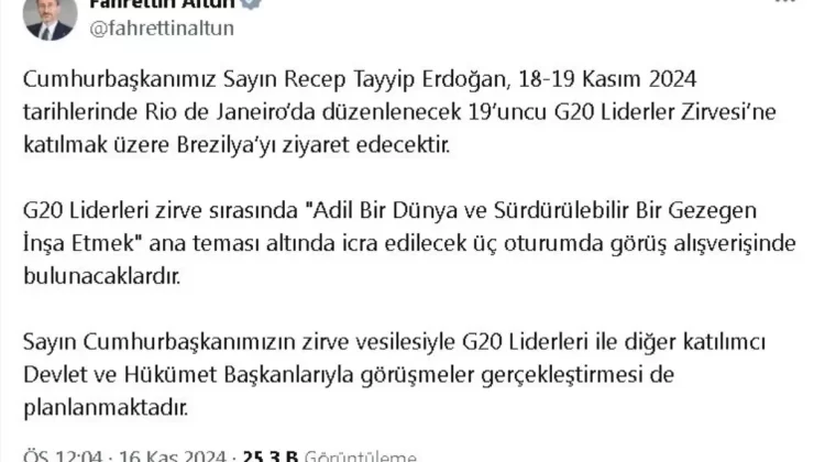 Cumhurbaşkanı Erdoğan, Brezilya’ya gidecek