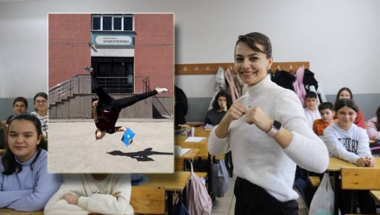 Dünya şampiyonu öğretmen “uçarak” ders işliyor! Takla ile derse giriyor, öğrenciler onun gibi olmak istiyor