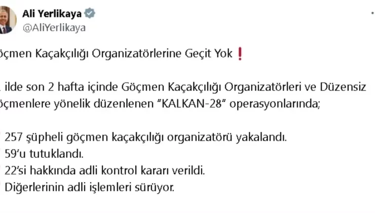 Kalkan-28 Operasyonu: 257 Göçmen Kaçakçılığı Organizatörü Yakalandı