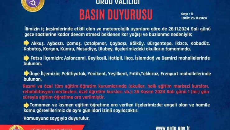 Ordu’da Kar Yağışı Nedeniyle Okullar Tatil Edildi