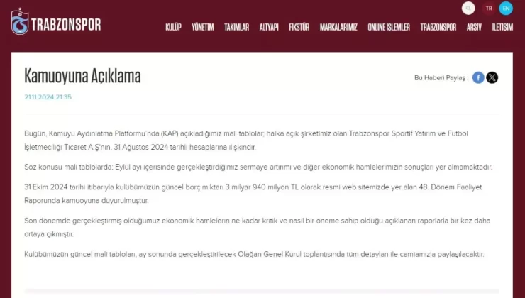 Trabzonspor’un Güncel Borcu 3 Milyar 940 Milyon TL