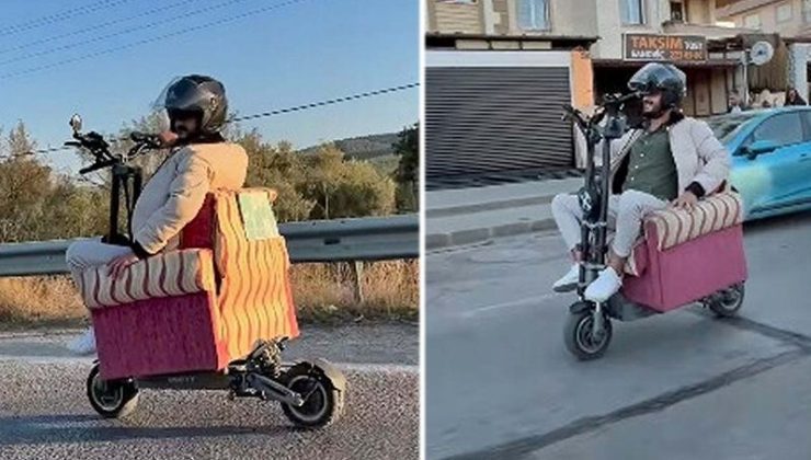 Trafikte ilginç dakikalar: Skuter üzerine koltuk monte etmiş