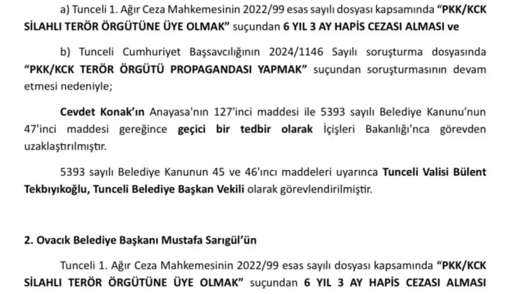Tunceli ve Ovacık Belediye Başkanları Görevden Uzaklaştırıldı