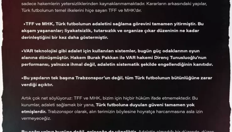 Trabzonspor’dan Hakemlere Sert Tepki: TFF ve MHK Yok Hükmündedir