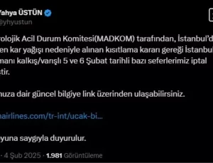 İstanbul’da Olumsuz Hava Şartları nedeniyle THY Seferleri İptal Edildi