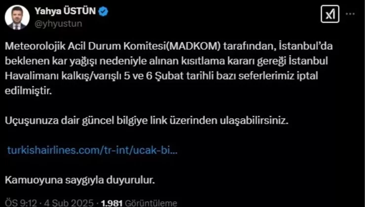 İstanbul’da Olumsuz Hava Şartları nedeniyle THY Seferleri İptal Edildi