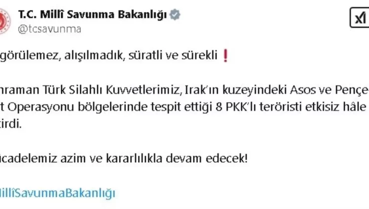 MSB: Irak’ın Kuzeyinde 8 PKK’lı Terörist Etkisiz Hale Getirildi