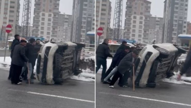 Vatandaşlardan kurtarma operasyonu! Yan yatan aracı iterek düzelttiler